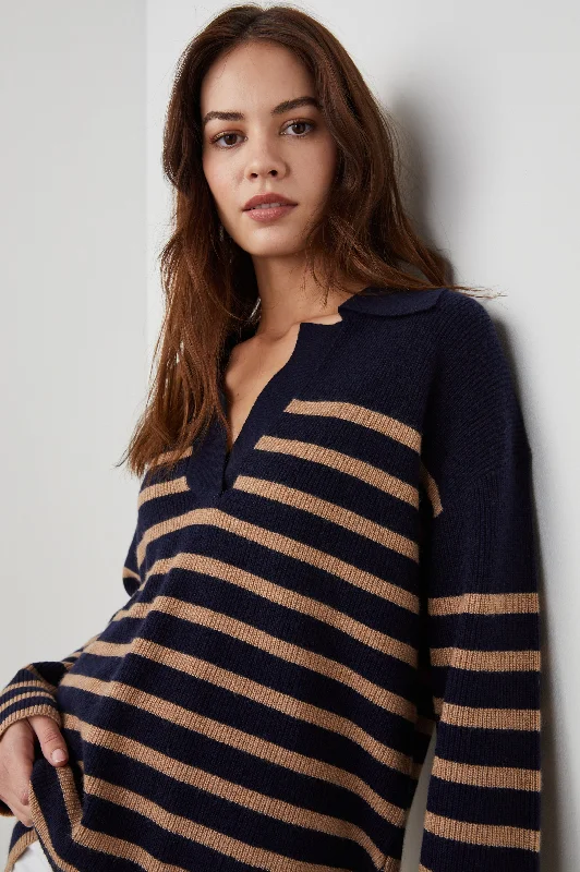 HARRIS SWEATER - CAMEL NAVY STRIPE Polka Dot Checkered Tartan