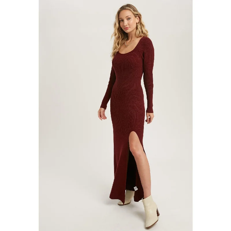 High Slit Burgundy Knit Sweater Dress Handmade Hand-knitted Hand-woven