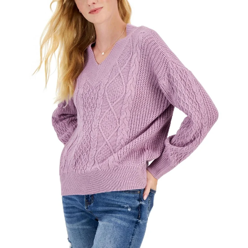 Hippie Rose Womens Juniors Cable Knit Comfy V-Neck Sweater Solid Color Striped Floral Print Hippie Rose Womens Juniors Cable Knit Comfy V-Neck Sweater Solid Color Striped Floral Print