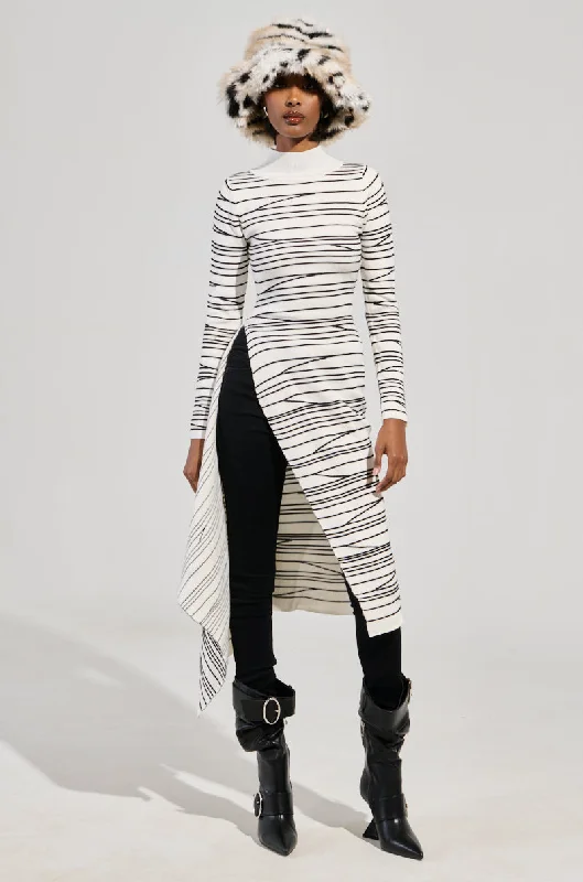 ISA HIGH LOW SEXY SLIT STRIPED SWEATER IN WHITE Embroidered Appliqued Beaded