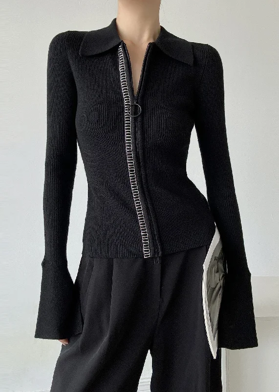 Italian Black Peter Pan Collar Zip Up Patchwork Woolen Sweaters Winter Thin Thick Dense Italian Black Peter Pan Collar Zip Up Patchwork Woolen Sweaters Winter Thin Thick Dense