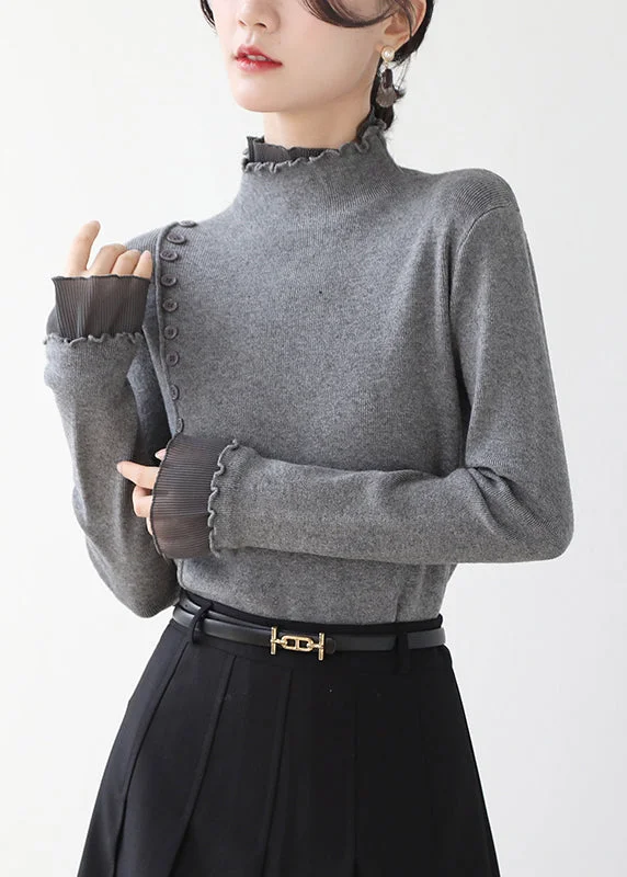 Italian Grey High Neck Ruffled Patchwork Knit Sweater Winter Cable Knit Ribbed Knit Lace Knit Italian Grey High Neck Ruffled Patchwork Knit Sweater Winter Cable Knit Ribbed Knit Lace Knit