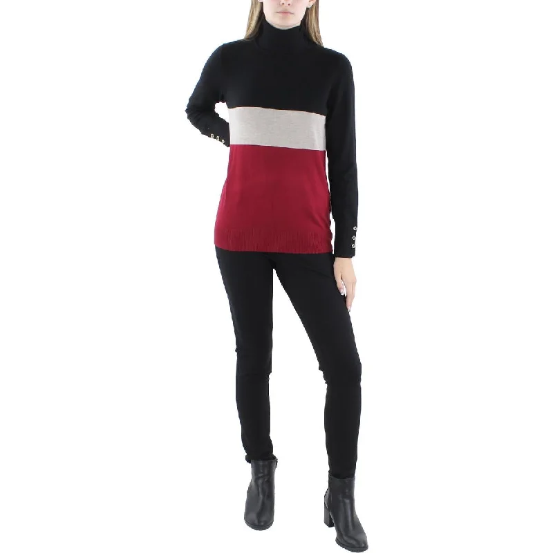 Joesph A Womens Ribbed Trim Colorblock Turtleneck Sweater Modern Contemporary Chic