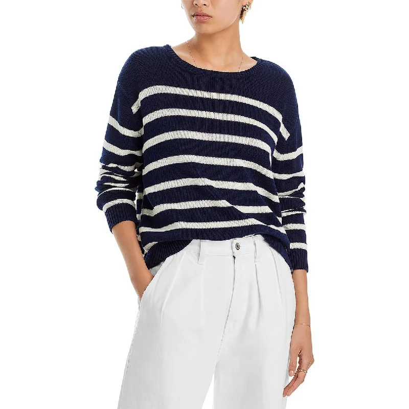 Kule Womens The Finn Striped Organic Cotton Crewneck Sweater Mesh Blend Leather Blend Suede Blend