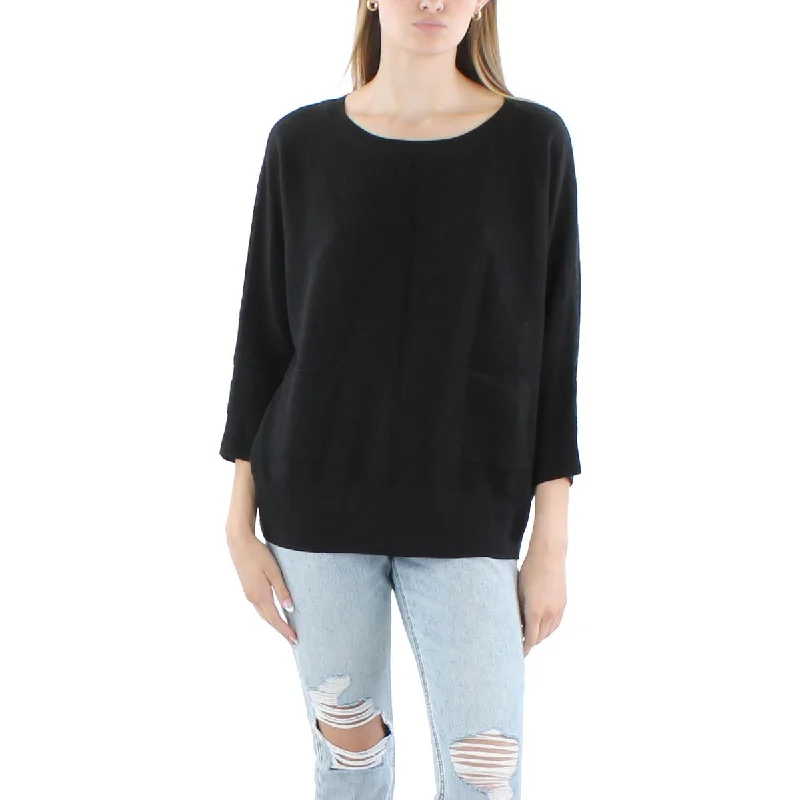Lisette L Womens Pocket Cotton Crewneck Sweater Mesh Sweater Canvas Denim