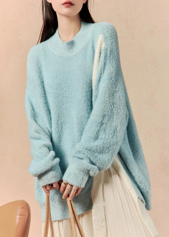 Loose Blue Asymmetrical Front Open Mink Hair Knitted Sweater Winter Anti-Pilling Anti-Shrink Durable Loose Blue Asymmetrical Front Open Mink Hair Knitted Sweater Winter Anti-Pilling Anti-Shrink Durable