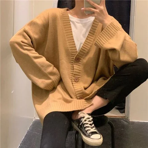 LOOSE V-NECK RETRO BUTTON KNITTED CARDIGAN SWEATER     S2787 Boxy Sweater Fitted Sweater A-Line