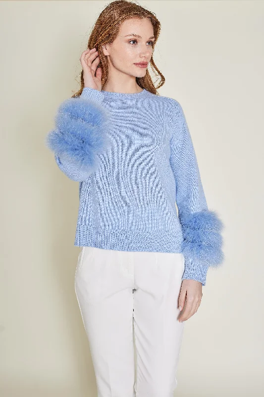 Matignon Cashmere Sweater With Fur - Baby Blue Fitted Loose Oversized