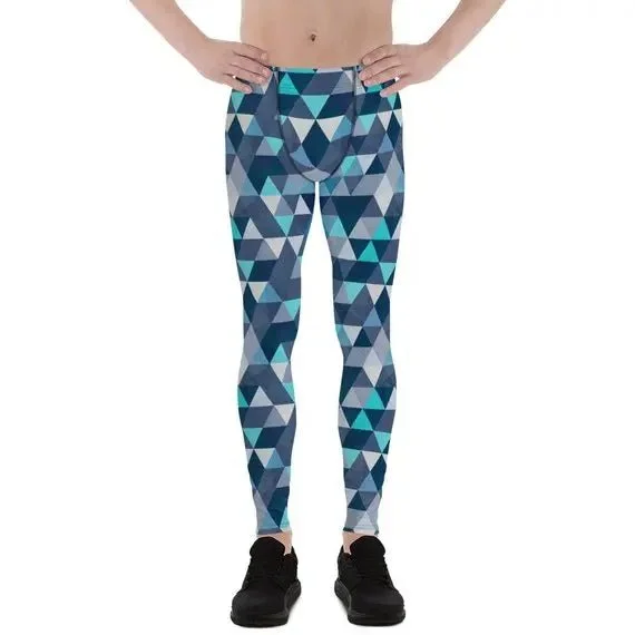 Men's Blue Geometric Triangles Mens Leggings - Moisture Wicking, Quick Drying, Compression Fit Trendy Full-Length Leggings