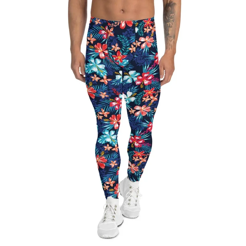 Men's Floral Hibiscus Leggings - Moisture-Wicking, Quick-Drying, Squats Approved Elegant Metallic Leggings