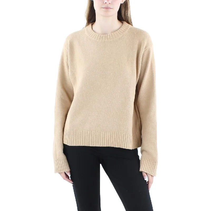 MNG Womens Knit Ribbed Trim Crewneck Sweater Glossy Satin Silk