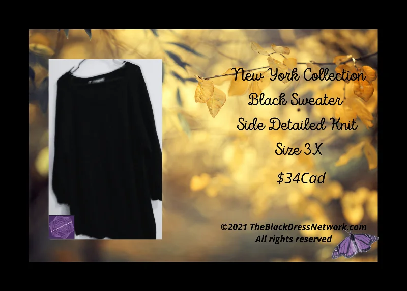 New York Collection Sweater Black  3X Crochet Detail 100% Cotton Casual Chic Turtle Neck Boat Neck Asymmetrical Neck