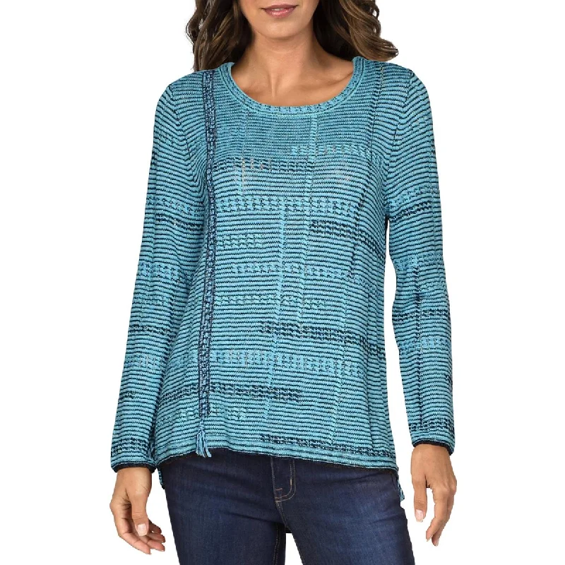 Nic + Zoe Womens Printed Fringed Sweater Embroidered Appliqued Beaded