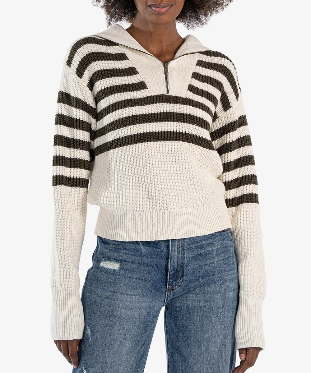 Noley Stripe Zip Front Sweater in Off White & Olive Knit Fabric Woven Fabric Fleece Fabric