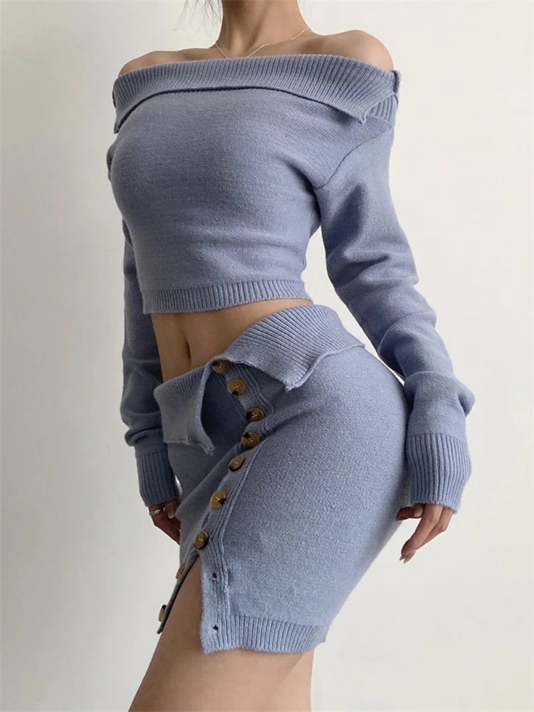 Off-Shoulder Cropped E-girl Casual Blue Turn-Down Knit Fashion Sweater Chenille Blend Fleece Blend Nylon Blend