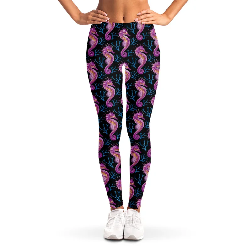 Purple Seahorse Pattern Print Women's Leggings Trendy Cold Weather Tights