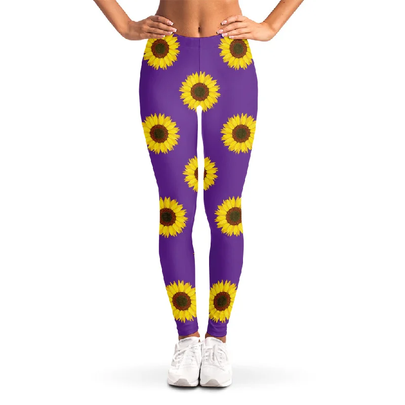 Purple Sunflower Pattern Print Women's Leggings Elegant Animal Print Leggings