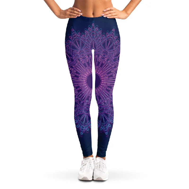 Purple Trippy Mandala Print Women's Leggings Elegant Textured Leggings