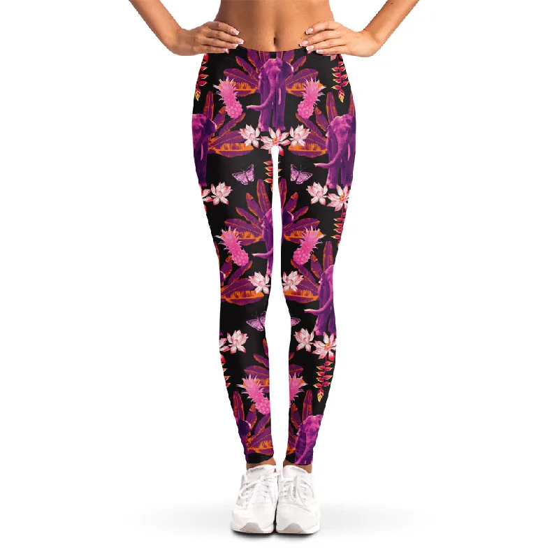 Purple Tropical Elephant Pattern Print Women's Leggings Stylish Athletic Wear Leggings