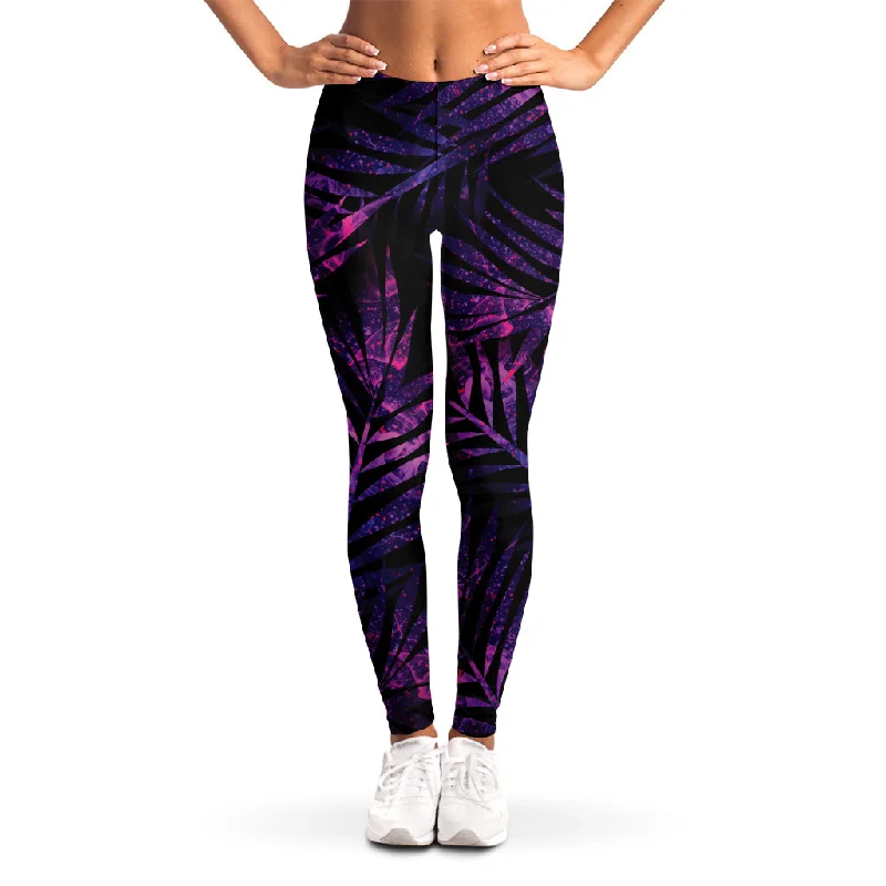 Purple Tropical Leaves Print Women's Leggings Comfortable Running Leggings