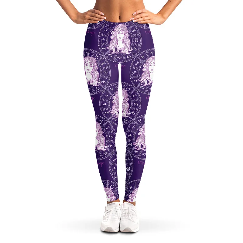 Purple Virgo Zodiac Pattern Print Women's Leggings Fashionable Plus-Size Activewear