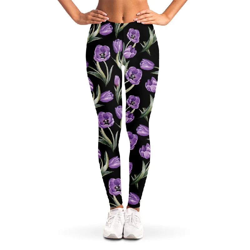 Purple Watercolor Tulip Pattern Print Women's Leggings Fashionable Sports Compression Leggings