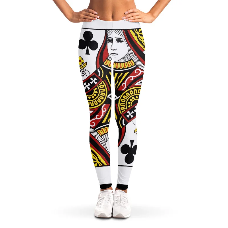 Queen Of Clubs Playing Card Print Women's Leggings Fashionable Floral Active Leggings