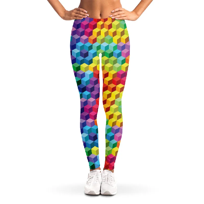 Rainbow Cubes Pattern Print Women's Leggings Elegant Metallic Leggings