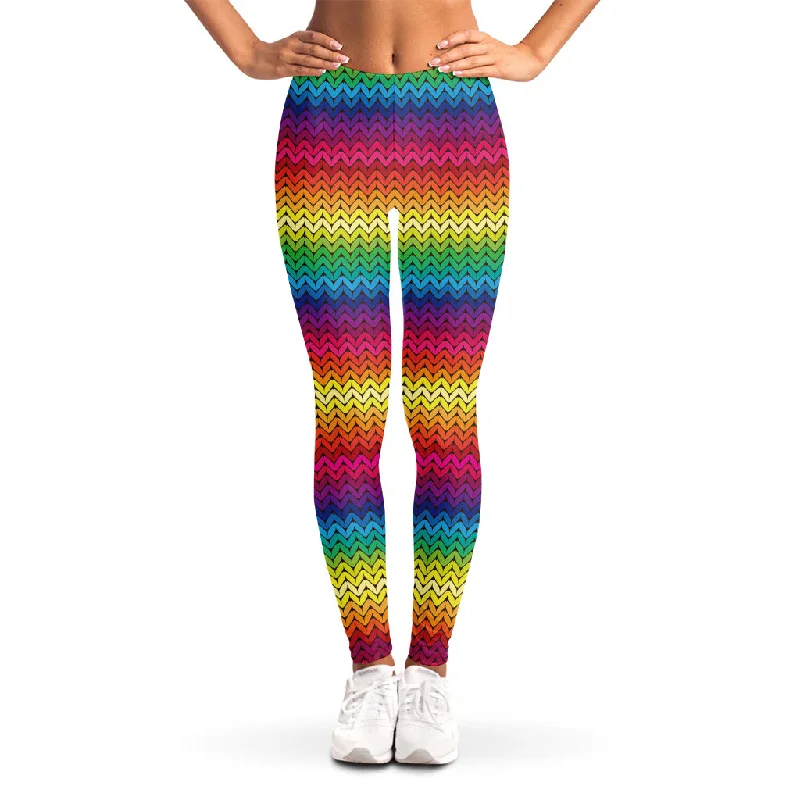 Rainbow Knitted Mexican Pattern Print Women's Leggings Trendy Cut-Out Activewear Leggings