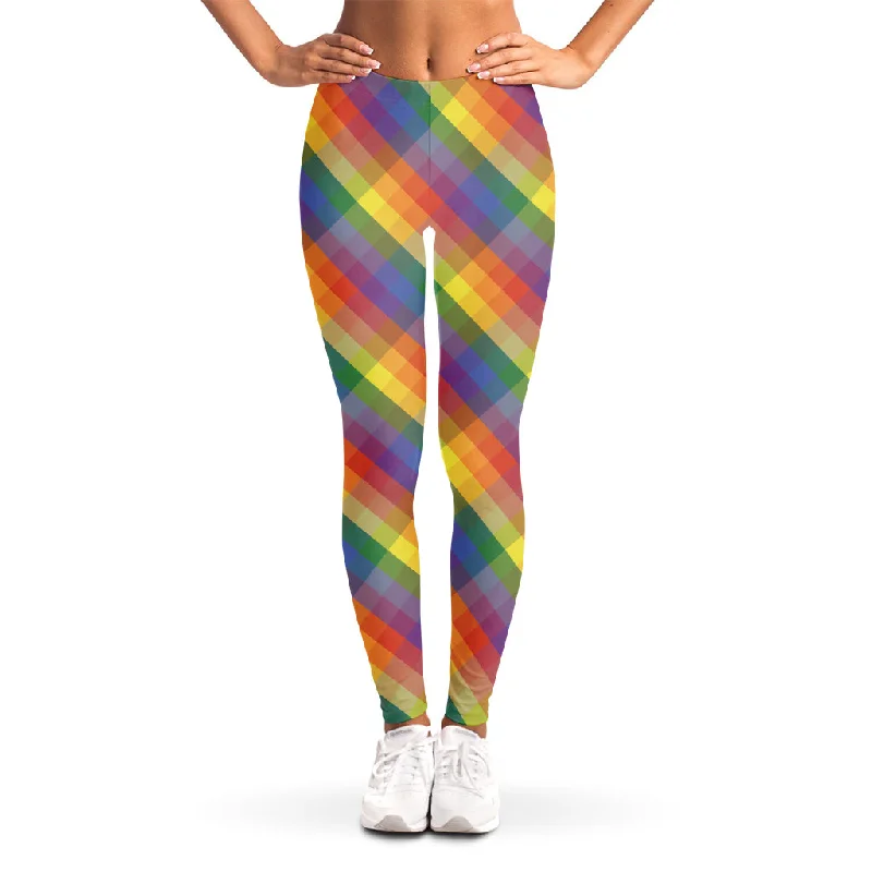 Rainbow LGBT Plaid Pattern Print Women's Leggings Stylish Side-Stripe Leggings