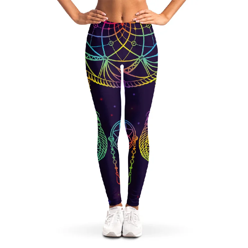 Rainbow Native Dream Catcher Print Women's Leggings Trendy Leather-Look Workout Leggings