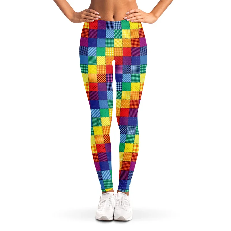 Rainbow Patchwork Pattern Print Women's Leggings Trendy Minimalist Leggings