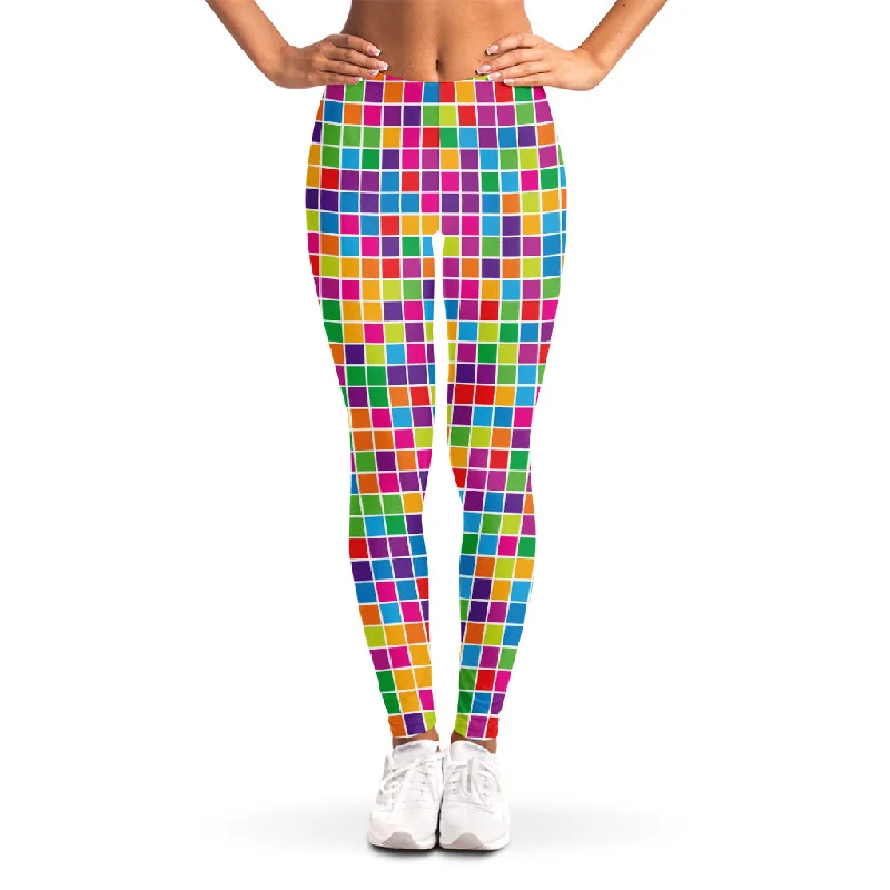 Rainbow Squares Pattern Print Women's Leggings Trendy Digital Print Leggings