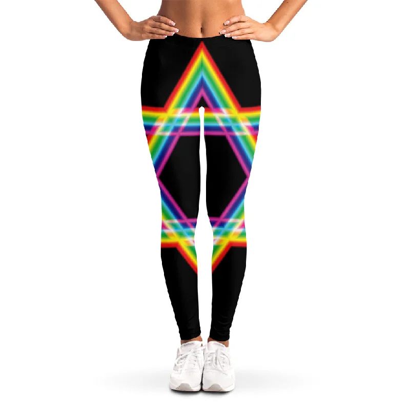 Rainbow Star of David Print Women's Leggings Trendy Cold Weather Tights