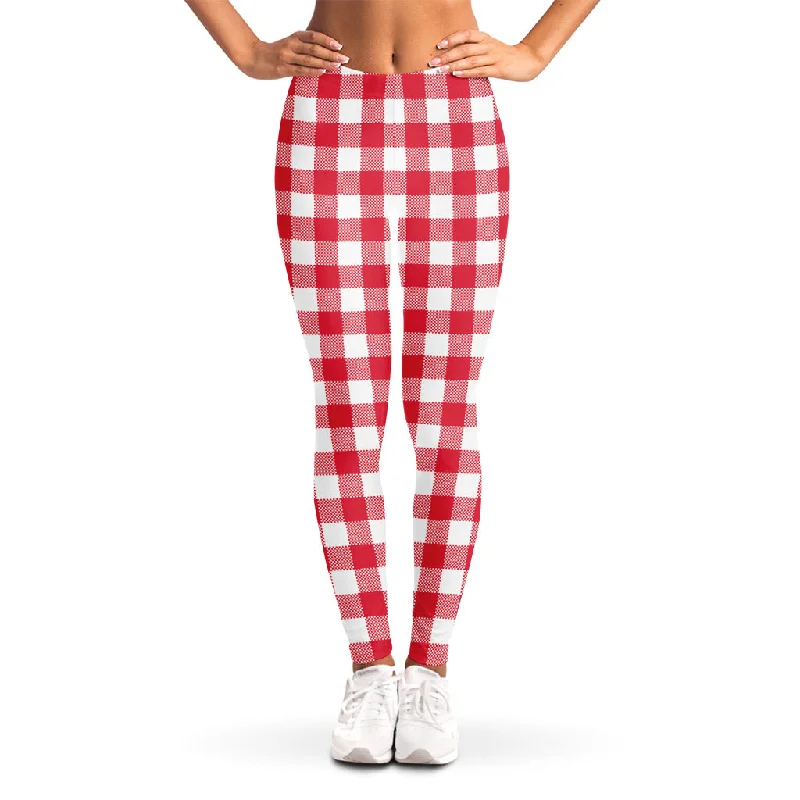 Raspberry Red And White Gingham Print Women's Leggings Trendy Foil Finish Leggings