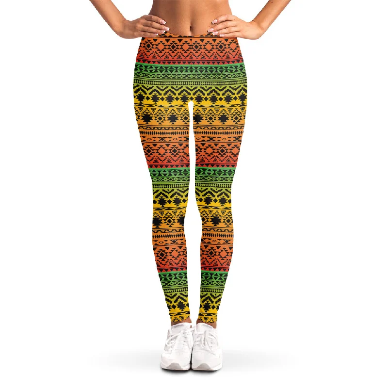 Rasta Tribal Pattern Print Women's Leggings Stylish Faux Leather Leggings