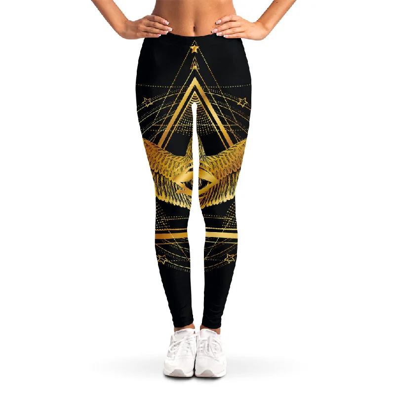 Raven Masonic Eye Print Women's Leggings Elegant Stretchy Faux Leather Leggings