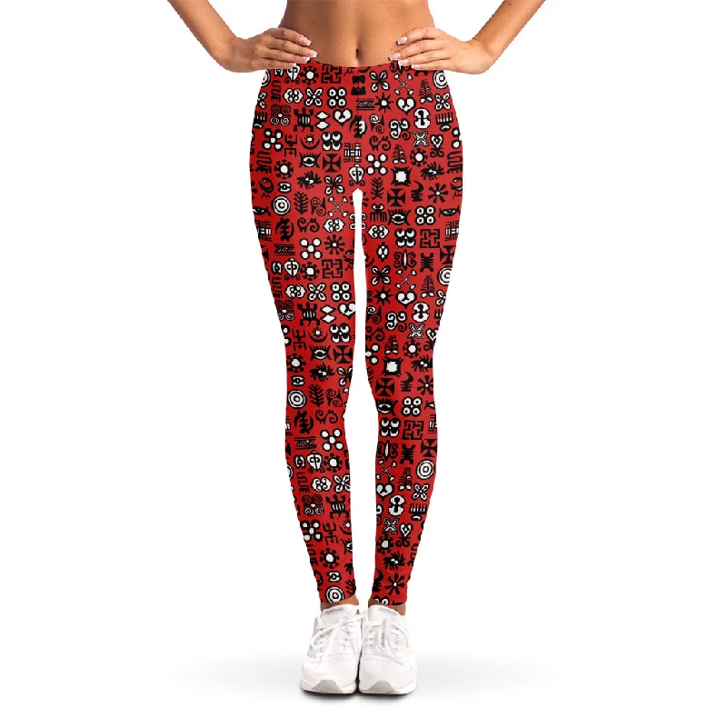 Red Adinkra Tribe Symbols Print Women's Leggings Fashionable High-Rise Leggings