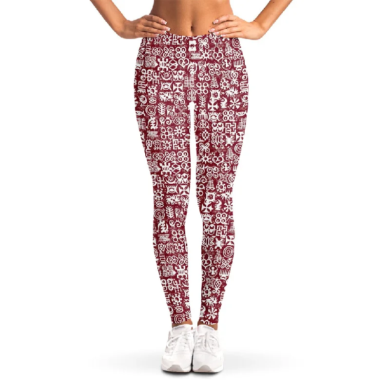 Red African Adinkra Tribe Symbols Women's Leggings Comfortable Capri-Length Leggings