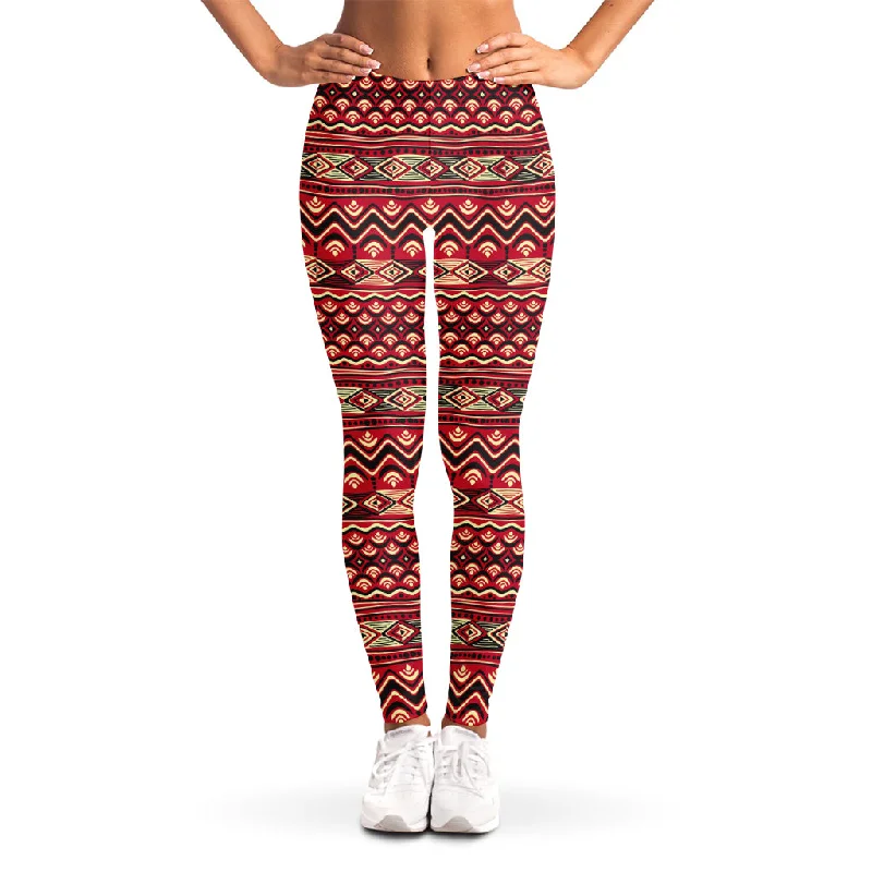 Red African Tribal Pattern Print Women's Leggings Trendy Mesh Leggings