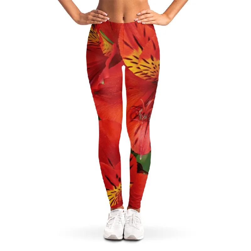 Red Alstroemeria Print Women's Leggings Elegant Metallic Leggings