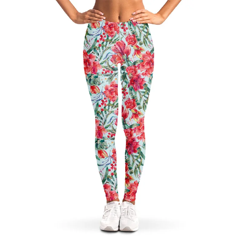 Red Amaryllis Pattern Print Women's Leggings Stylish Patterned Active Leggings