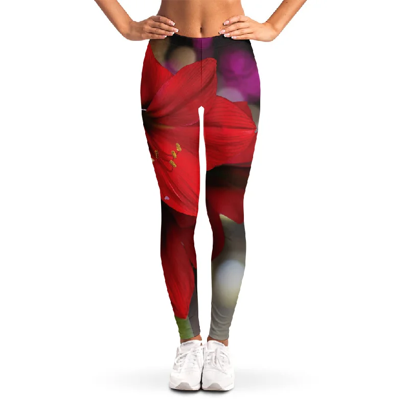 Red Amaryllis Print Women's Leggings Stylish Stretch-Waist Leggings