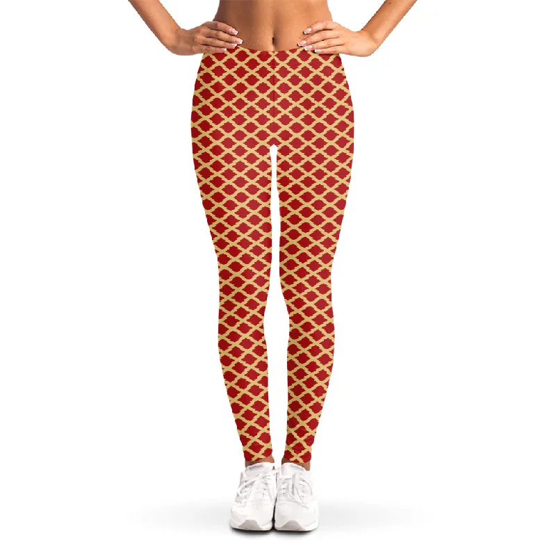 Red And Beige Japanese Pattern Print Women's Leggings Stylish Ankle-Length Leggings