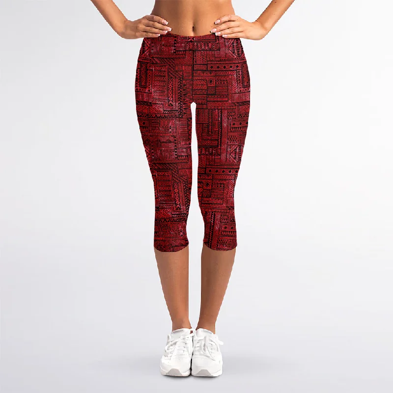 Red And Black African Ethnic Print Women's Capri Leggings Comfortable Tummy Shaping Leggings