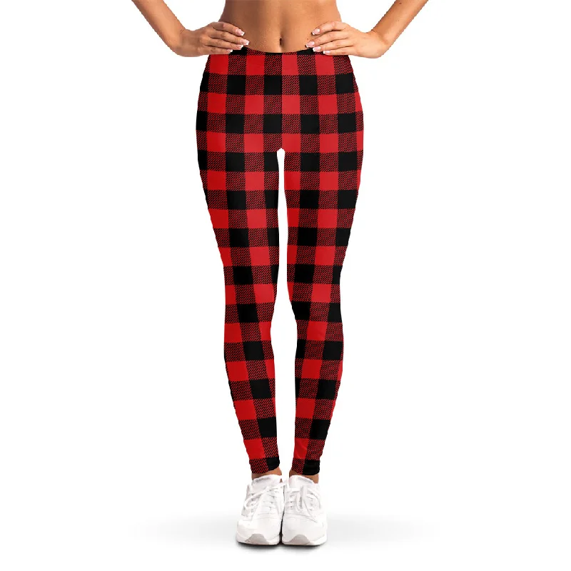 Red And Black Buffalo Check Print Women's Leggings Casual Slim-Fit Leggings