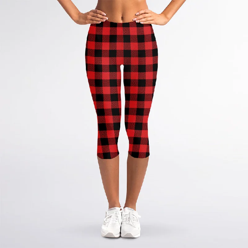 Red And Black Buffalo Plaid Print Women's Capri Leggings Trendy Sporty Compression Leggings