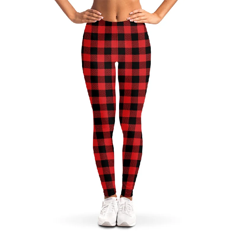 Red And Black Buffalo Plaid Print Women's Leggings Trendy Patterned Leggings