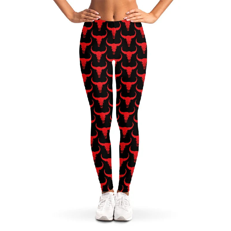 Red And Black Bull Skull Pattern Print Women's Leggings Trendy Activewear Leggings