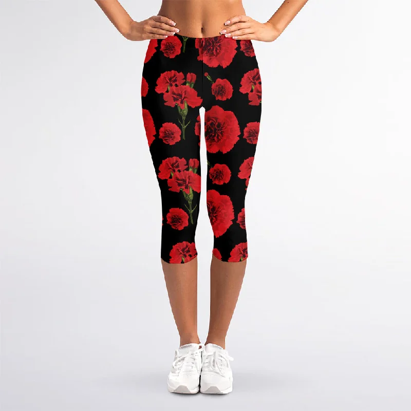 Red And Black Carnation Pattern Print Women's Capri Leggings Cozy Oversized Leggings